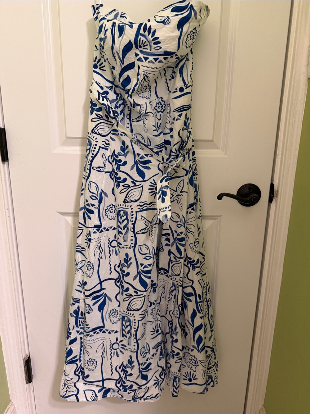 Belted Blue and White Strapless Floral Maxi Dress